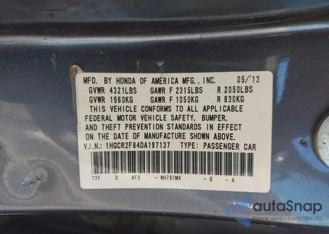 2013 Honda Accord Ex-L from USA, damaged, VIN 1HGCR2F84DA197137